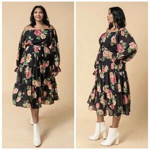 Lovecolette Floral Maxi Dress Womens 3X Black Cottagecore Tiered Balloon Sleeve